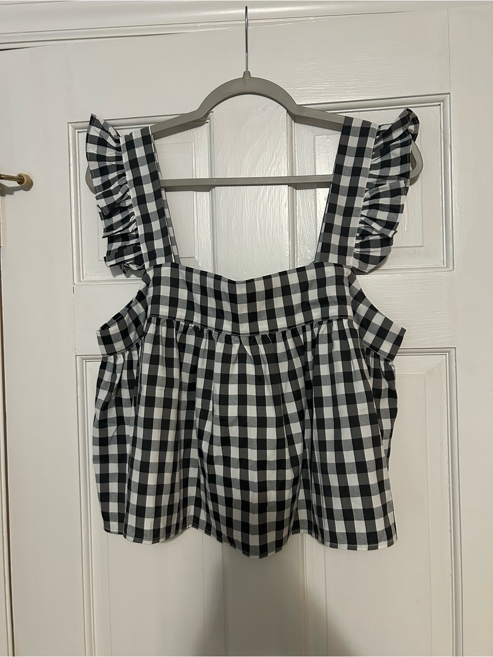 Buddy Love Black and White Gingham Ruffle Strap Top